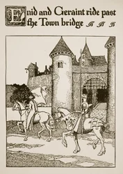Enid en Geraint rijden langs de stadsbrug, illustratie uit 